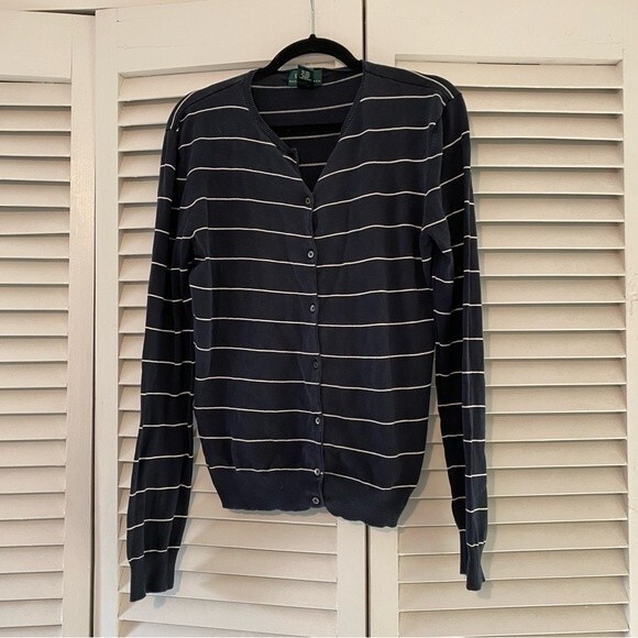 Lauren Ralph Lauren Sweaters - Lauren Ralph Lauren Silk Blend Nautical Preppy Academia Navy Striped Cardigan L